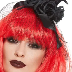 Schwarzes Krähen Haarband Mit Schleier Und Rosen