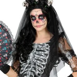 Schwarzer Brautschleier Mit Totenschädeln -Kostümzubehör Verkaufsladen schwarzer brautschleier mit totenkoepfen black veil with skulls halloween kostuemzubehoer 37534 3